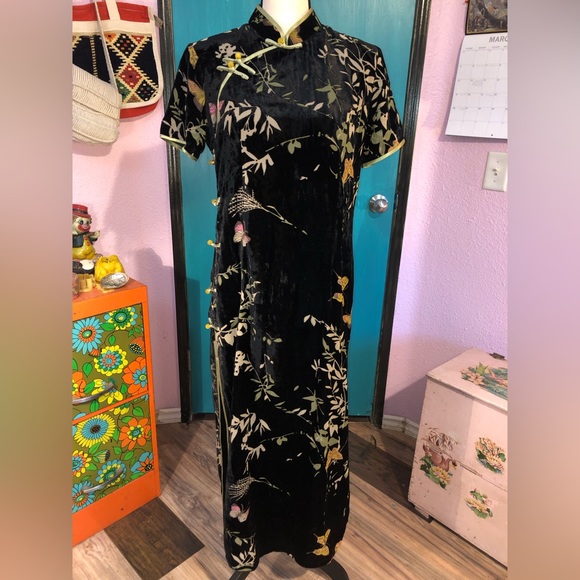 Vintage Dresses & Skirts - Cheongsam Black Velvet Butterfly Maxi 🖤